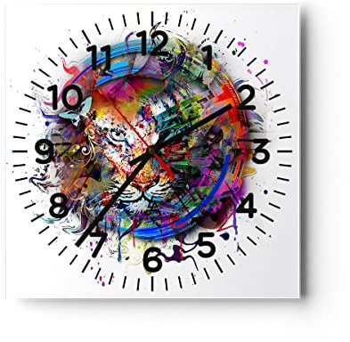 Modern Wanduhr Abstraktion Tiger Skizze Dschungel 40x40cm Quadrat Groß Wand Uhr Glas Analog Zimmeruhren Küche Büro Wohnzimmer Glasuhr Wall Clock Dekoration Design Küchenuhr C4AC40x40-2830