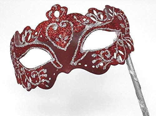 LADIES SPARKLING RED & SILVER RIALTO VENETIAN MASQUERADE CARNIVAL PARTY EYE HAND HELD MASK ON A STICK