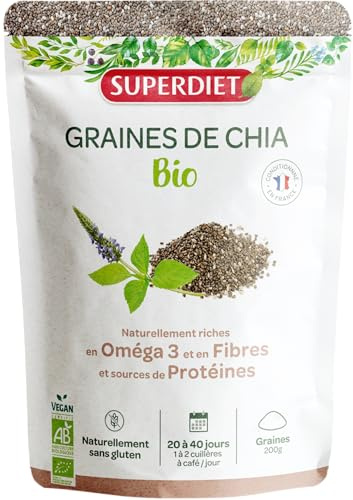 Graines de Chia Bio-Riches en Omega 3, fibres et source de protéines-Sachet | Sachet refermable de 200g - Naturellement sans gluten - Vegan - Fabrication française - Superdiet