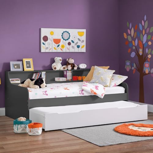 Wooden Guest Bed Daybed with Trundle, Happy Beds Grace Grey Wood Modern Day Bed Frame - 3ft Single (90 x 190 cm) with 2 x Memory Foam Mattresses Included