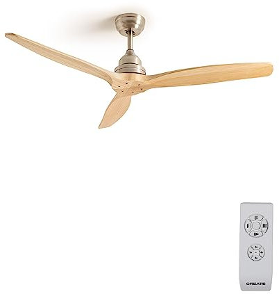 CREATE / WINDWOOD/Deckenventilator Nickel Naturholzflügel mit Fernbedienung/Leise, 75W, Ø132 cm, AC-Motor, Timer, 3 Geschwindigkeiten