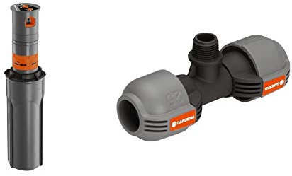 Gardena Sprinklersystem Turbinen Versenkregner T200 & Sprinklersystem T-Stück für Außengewinde: Verbindungsstück für Anschluss im Rohrverlauf von Versenkregner, 25 mm x 1/2 Zoll- Außengewinde