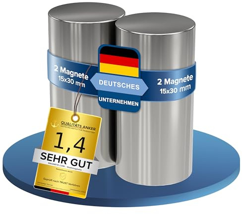 2x Neodym Power Magnet silber - Stabmagnet extra stark lang - Durchmesser 15x30mm lang - starke Magneten Supermagnet - Haftkraft ca. 10,5 kg - Magnete für Whiteboard, Pinnwand, Magnettafel, Werkstatt