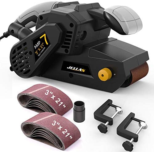 Jellas Belt Sander, 750W Electric Sander, with 10Pcs Sanding Belts and Dust Bag, Bench Sander with Variable-Speed Control, 2 in 1 Vacuum Adapter, 10Feet (3 Meters) Length Power Cord