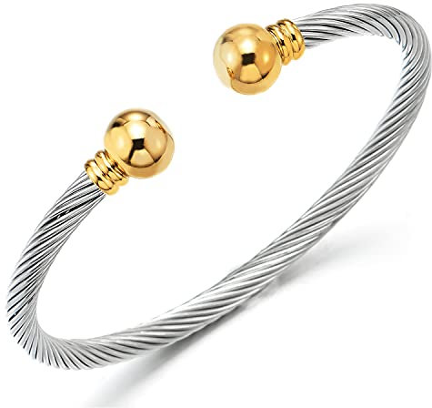 COOLSTEELANDBEYOND Gold Silber Elastische Verstellbare-Edelstahl Armband für Herren Damen Verdrehten Stahlkabel Armreif Poliert