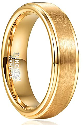 TUNGSTORY 6mm Wolfram Ring Herren Damen Gold Eheringe Verlobungsring mit Stufenkanten Verlobungs Gebürstetem Finish Größe 52(16.6)