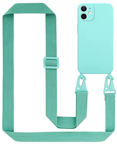 Cadorabo Handykette kompatibel mit Apple iPhone 12 MINI Schutzhülle TPU Liquid Silikon Case Necklace mit verstellbarem Band Kordel Band mit Etui Rundumschutz Case Hülle für iPhone 12 MINI in Türkis