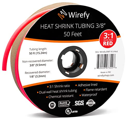Wirefy 3/8 Heat Shrink Tubing - 3:1 Ratio - Adhesive Lined - Marine Grade Heat Shrink - Red - 50 Feet Roll