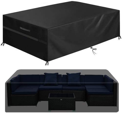 Garden Furniture Covers Waterproof, 270x185x89cm Oxford Fabric Rectangular, Outdoor Sofa Cover Windproof Sunproof with Handle Strap Drawstring Buckle for Garden Sofa, Table and Chair Set (Black)