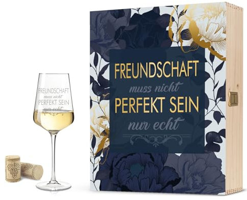 Leonardo Weinglas mit Gravur - Freundschaft muss nicht perfekt sein - Geschenkset inkl. Holzkiste - Geschenkidee für Freundinnen zum Geburtstag - Geschenkidee für Frauen - Farbe: Große Kiste UV