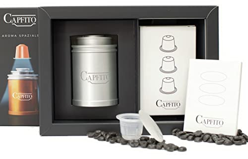 CAPFITO Kit, Capsule réutilisables pour machines compatible Nespresso (original), [1 Capfito + 12 capsules réutilisables en polypropylène +100 disques Aluminium] (Aluminium)
