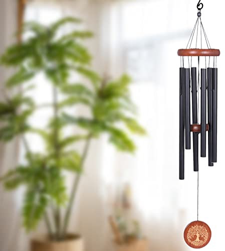 Lovionus89 Sympathie-Windspiel für draußen, 32 Zoll, Baum des Lebens, Metall, tiefer Ton, großes Gedenk-Windspiel mit 6 gestimmten Röhren für Gartenfenster-Hängedekoration, schwarz