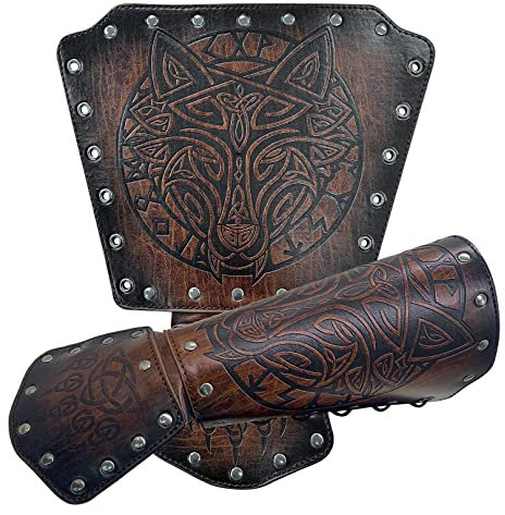 Thajaling Wikinger Wolfskopf Lederarmschienen, mittelalterliche Armschienen für das Bogenschießen, nordische Ritter LARP Armschützer für Cosplay Halloween Kostüm (Braun)
