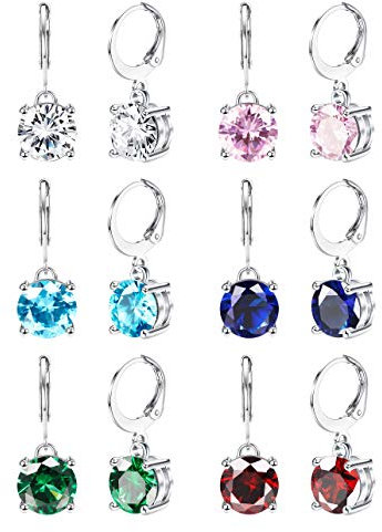 Kakonia 6 Paar Leverback Brisur-Ohrringe für Damen - Edelstahl Anti-Allergie 8MM Mehrfarbige Zirkonia Tropfen Ohrringe - Bunte Geburtsstein-Set
