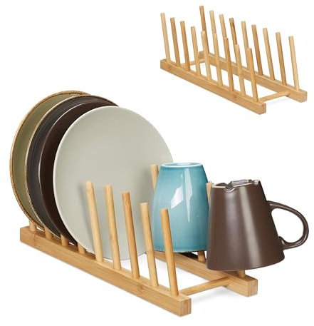 Relaxdays Tellerständer 2er Set, je für 8 Teller, Topfdeckel, Schneidebretter, Bambus Abtropfgestell Geschirr, Natur