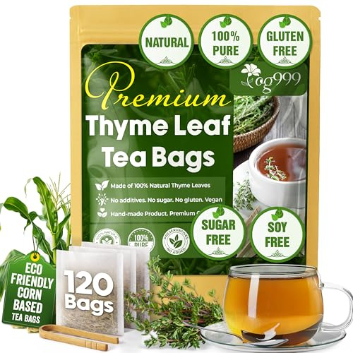 TOG999, Premium 120 Thyme Leaf Tea Bags, 100% Natural & Pure. Loose Leaf Thyme Herbal Tea. No Sugar, No Caffeine, No Gluten, Vegan.