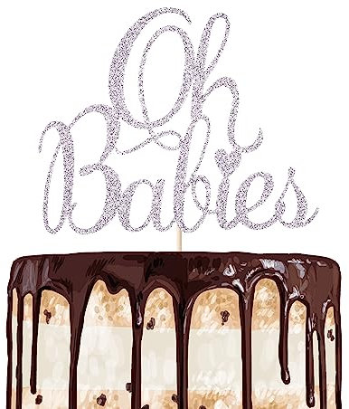 Oh Babies Tortenaufsatz für Zwillinge, Babyparty, Geschlechtsoffenbarung für Jungen und Mädchen, Baby 6 Monate, 1. Geburtstag, Party-Dekorationen, Zubehör, Zwillinge, Kuchenaufsatz (silberfarben)