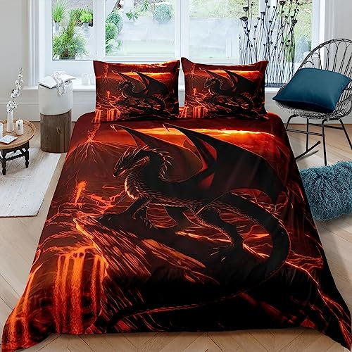 WIKINGER Bettwäsche Drachen 155x220 cm 3teilig Jungen 100% Mikrofaser Sommer Weiche Winter Warm Kinder Bettbezüge mit Reißverschluss 3D Viking Drache Bettbezug mit 2 Kissenbezüge 80x80 cm