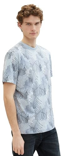 TOM TAILOR Herren Basic T-Shirt mit sommerlichem Muster, 35094 - Blue Multicolor Leaf Design, XXXL