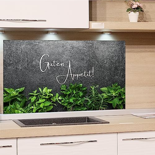 GRAZDesign Spritzschutz Küchenrückwand Glas Küche für Herd & Küchenspüle, Kräuter Guten Appetit Glasplatte Rückwand Küchenwand Wandschutz | 100x50cm