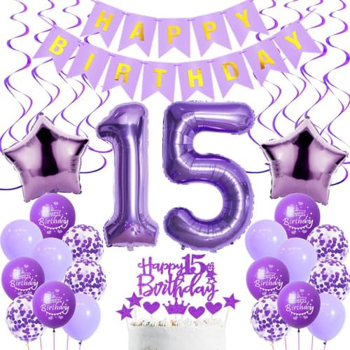 Luftballons 15. Geburtstag Mädchen Deko, Lila 15. Geburtstag Party Deko, Geburtstagsdeko 15 Jahre Mädchen Lila, 15. Geburtstag Dekoration Mädchen, Lila 15. Tortendeko Geburtstag,15. Ballon Lila