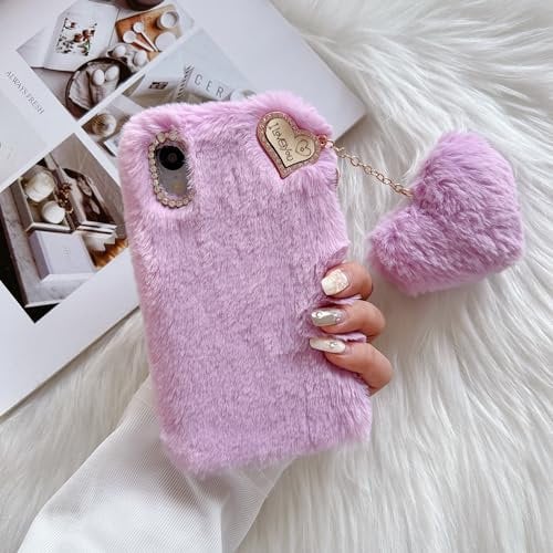 ZTUOK Compatible with iPhone X/Xs for Girls,Luxury Diamond Winter Warm Handmade Soft Fur Fluffy Plush Furry Shockproof Protective Phone Case Cover for iPhone X/Xs-Purple