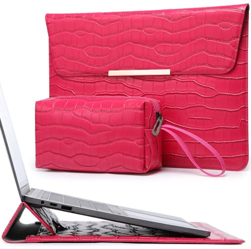 HYZUO 15-16 Zoll Laptop Hülle mit Integriertem Ständer für MacBook Pro 16 M4/M3/M2/M1 2025-2019, Pro 15, XPS 15, Damen Laptophülle mit Kleiner Tragetasche, Krokodil-Muster Rosenrot