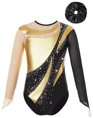 TiaoBug Turnanzug Mädchen Langarm Gymnastikanzug Bunt Streifen Tanz Body Overalls Trikot Leotards Wettkampf Kostüm 110 116 122 128 134 140 146 152 158 164 170 Gold & Schwarz L 158-164