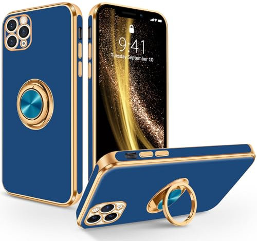 SouliGo Compatible with iPhone 11 Pro Case 360° Ring Holder Kickstand Magnetic Car Mount Slim Luxury Bling Plating Soft TPU Bumper Shockproof Protective Phone Case, Navy Blue