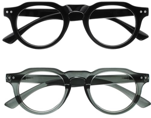 OPULIZE RIO Set da 2 Occhiali da Lettura Anti Luce Blu - Montatura con Bordo Superiore Piatto - Nero, Grigio - Uomo e Donna - Cerniere a Molla - BB53-17 - +2.00