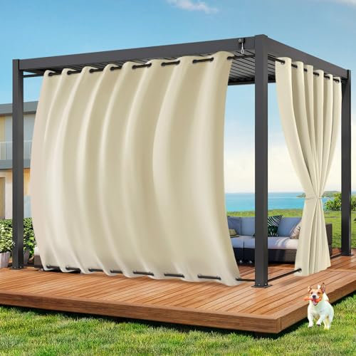Qelus Vorhang Outdoor Wetterfest B254xH213CM, Wasserdicht Outdoorvorhänge mit Ösen, Aussen Gardinen Winddicht Sonnenschutz Sichtschutz für Garten Terrasse Balkon Pergola Pavillon (Beige)