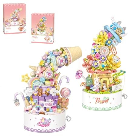 Flowers Music Box Building Block Set, 2 Box Candy Potted and Flowers Potted Rotating Music Box Set, Creative Flower Bouquet Plants Gift Toys, Decor for Home Office, Gift for Kids and Adults