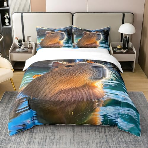 Homewish Nette Capybara Baumwolle Bettbezug 135x200 Wild Animal Print | Tröster Abdeckung Kinder Frühling Schmetterling Bettwäsche Set Kawaii Wildlife Bettwäsche Abdeckung Schlafzimmer Dekor