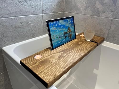 Urban Reclamation Wyedale Bath Board | Rustic Pine Bath Caddy | Handmade Solid Wood Bath Tub Wine Glass Tablet Phone Candle Holder (80 cm)