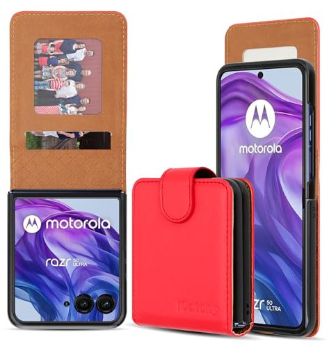 iCatchy for Motorola Razr 50 Ultra Case Leather Wallet Book Flip Card Slots Magnetic Closure Kickstand Shockproof RFID Blocking Protective Phone Cover (Red)