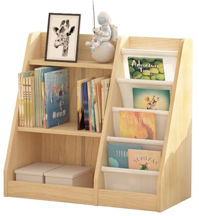 KEEPREAPER Kinderregal Montessori mit 4 Ablage und 3 offenen Fächern, Bücherregal für Kinder, Spielzeug-Organizer, 64x30x60cm (Natur-kleinformat)
