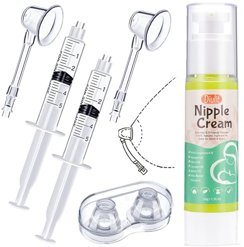 Kit di correzione capezzolo invertito con ventose per capezzoli per pressione e crema per capezzoli biologica - Dispositivo di aspirazione riutilizzabile per mamme che allattano, invertito, piatto e