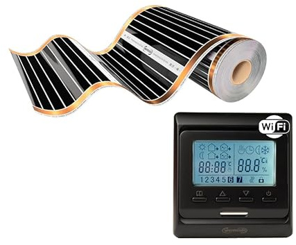 Warmcoin Calefacción por infrarrojos transparente, calefacción por suelo radiante eléctrico con termostato W51 WI-FI negro, 50 cm, juego, 220 W/m². Calefacción eficiente y económica para el nuevo