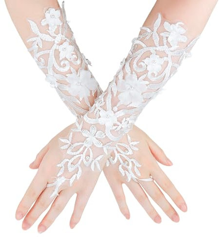 FERCAISH 1 Paar Lange Spitzenhandschuhe, Weiße Brauthandschuhe, Fingerlose Handschuhe mit Spitze, Frauen Blumenspitze Handschuhe, für Hochzeit Party Teeparty Opernparty Kostüm