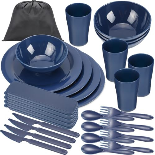 Tioncy Lot de 4 couverts de camping incassables avec assiettes, tasses, bols, couteaux, cuillères, fourchettes, ustensiles avec sac noir pour voyage, pique-nique, extérieur, passe au lave-vaisselle