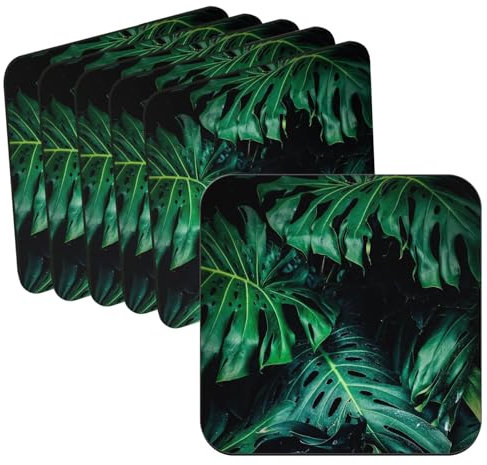 Untersetzer aus Holz – Nahaufnahme auf Monstera-Blatt Deliciosa Philodendron – 6 Stück (95 x 95 mm)