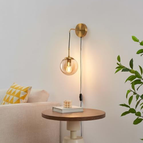 Kosilum – Wandleuchte aus Glas, mit Kabel und Schalter – Robyn – Licht warmweiß Beleuchtung Wohnzimmer Schlafzimmer Küche Flur – 1 x max 40 W – E27 – IP20