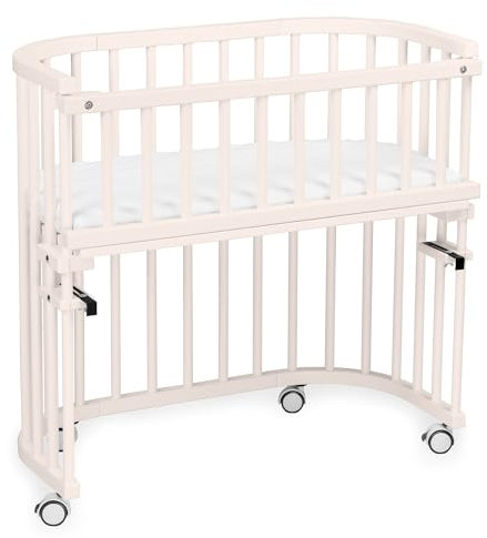 babybay Maxi extra großes Beistellbett aus massivem Buchenholz/Kinderbett Höhe stufenlos verstellbar & umweltfreundlich/mit Matratze, Gitter, Rollen (beige lackiert)