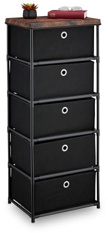 Relaxdays Kommode, 5 Stoffschubladen, Metall, Holzoptik, 105x43x33 cm, Wohnzimmer, Flur, Beistellkommode, schwarz/braun