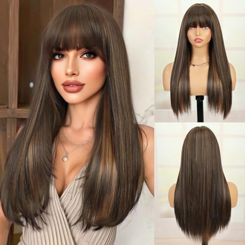 Creamily Perücke Lange Braun mit Pony für Damen, Glatte Kunstfaserperücke mit Pony, Hitzebeständig, Gestuft, Natürlich Perücke für den Täglichen Gebrauch, 66 cm (Dunkelbraun mit Karamell-Highlights)