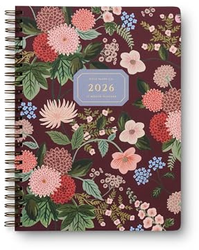 RIFLE PAPER CO. Spiralplaner 2026, 12 Monate, Softcover, mit Abschnitten für Monatsansichten, Kontakte, Feiern, inklusive Taschen zur Aufbewahrung, gemustert in Dahlie