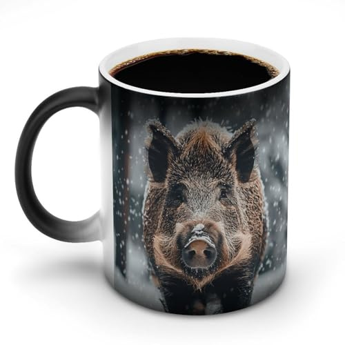 KWQDOZF Tasse à café en céramique à changement de couleur avec imprimé sanglier Tasse personnalisée sensible à la chaleur Tasse à café magique à changement de chaleur pour le bureau et la maison