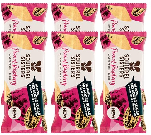Squirrel Sisters Peanut Raspberry Snack Bars 6 x 40 Gm- No Added Sugar, Vegan, Gluten-Free Nutrition Bars, Plant-based Healthy Snacks for Adults and Kids