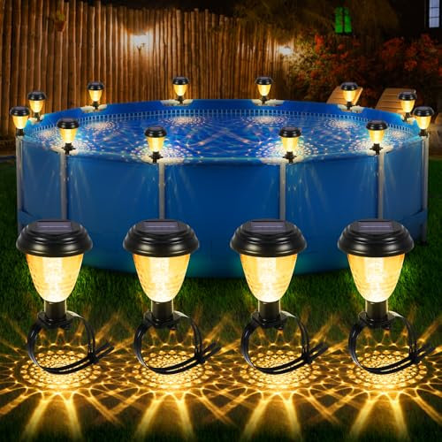 Solar Framed Pool Light, Pool Enclosure Lighting for Above Ground Pool, 4Pcs Garden Fence Outdoor Waterproof Solar Lights at Night for Swimming Pool Trampoline Decoration, Yellow Warm Lights