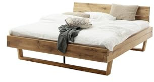 möbelando Massivholzbett >Avalon< Liegefläche 180x200 cm aus Wildeiche mit durchgehendem Massivholzfuß, modernes Design, angeschrägtem Kopfteil, stabile Konstruktion, Stellmaß - 193x90x213cm (BxHxT)